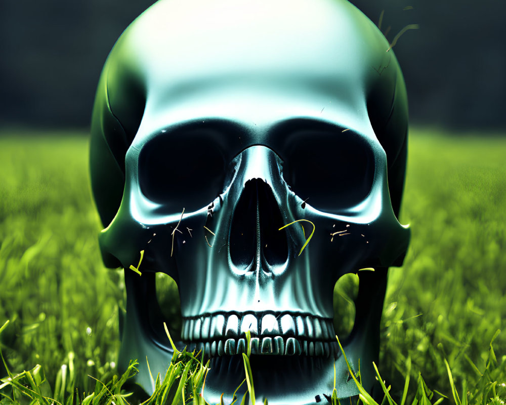 Metallic Skull on Vibrant Green Grass with Misty Background