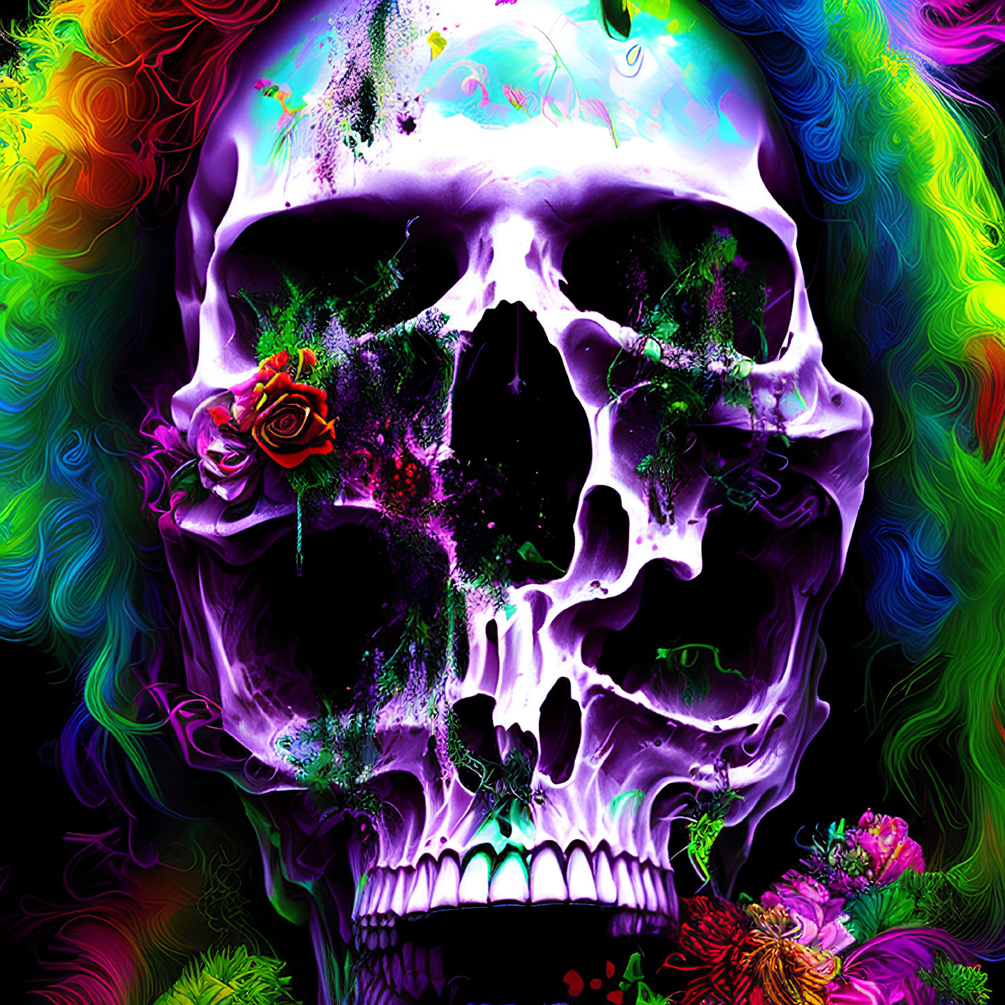 Colorful Psychedelic Skull with Swirls and Flowers on Neon Background