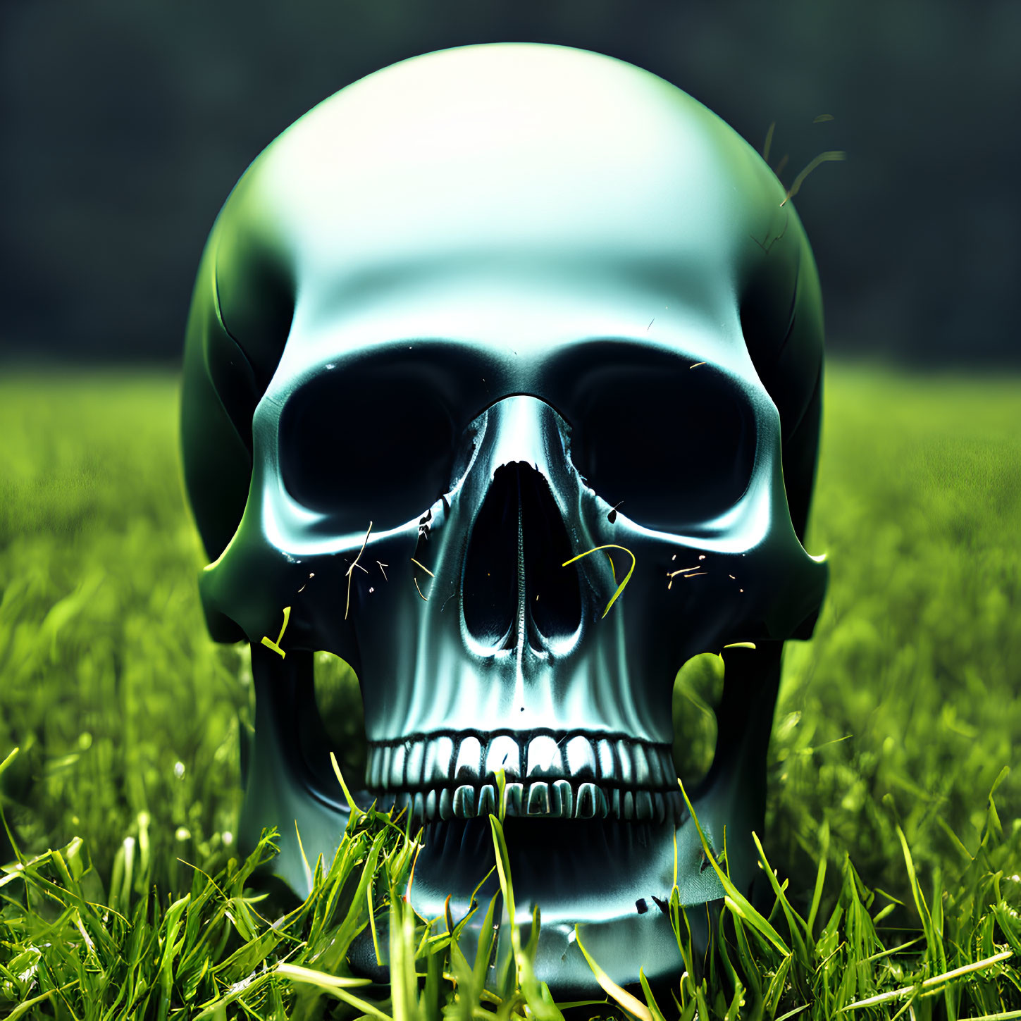 Metallic Skull on Vibrant Green Grass with Misty Background