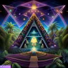 Colorful Fantasy Landscape with Pyramid and Celestial Bodies