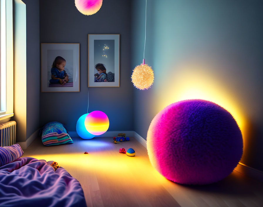 Colorful Glowing Orbs Illuminate Cozy Children's Room