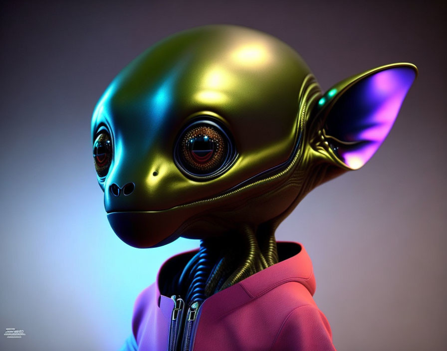 Stylized humanoid alien in modern jacket on gradient background