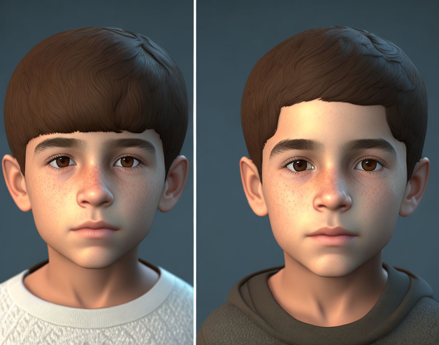 Two portrait images of a boy with different hairstyles on a grey background