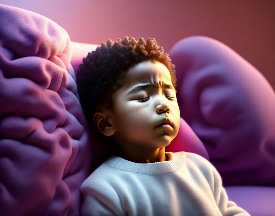 Young boy resting on purple cloud-like shapes in warm light