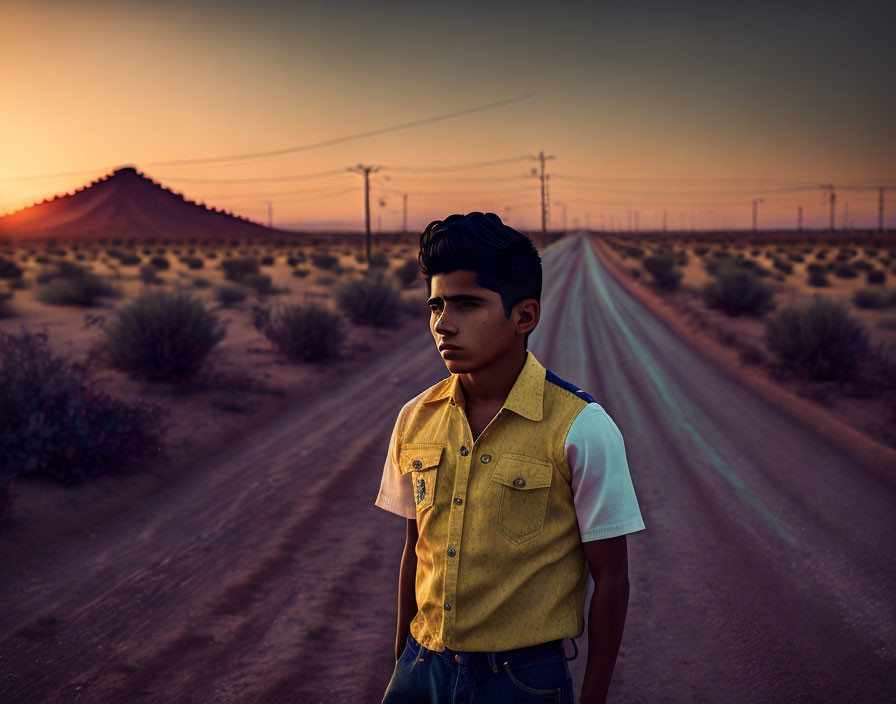 Sunset desert road scene with young person, power lines, and mountain.