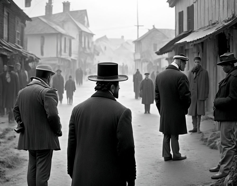 Vintage Attire Men in Top Hats on Misty Old Street