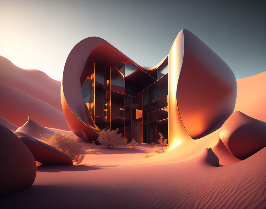 Futuristic wavy building in desert landscape with sparse vegetation