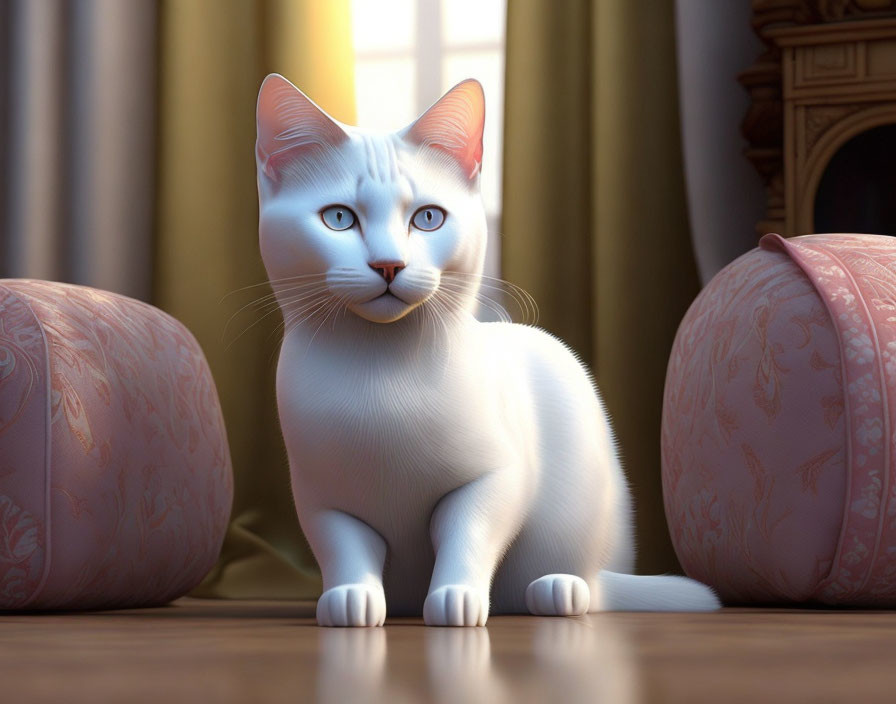 White Cat with Blue Eyes Sitting Between Peach Cushions by Fireplace