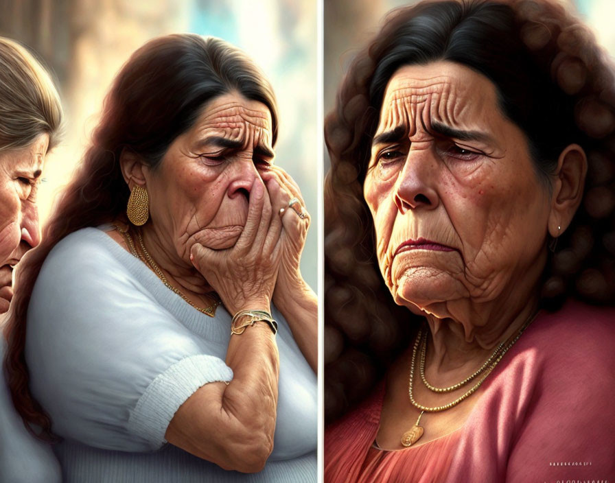 Elderly women with expressive faces showing distress and concern