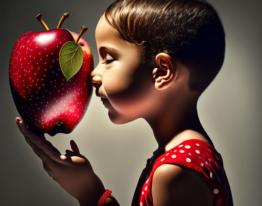 Child in Red Polka-Dot Dress Holding Shiny Red Apple