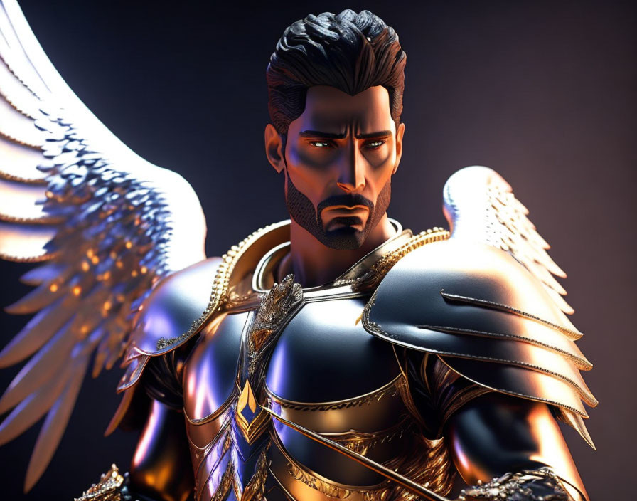 Male Figure with Angel Wings in Golden Armor on Dark Background