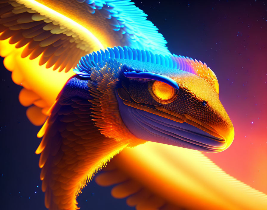 Stylized eagle digital art with blue and orange hues on starry background