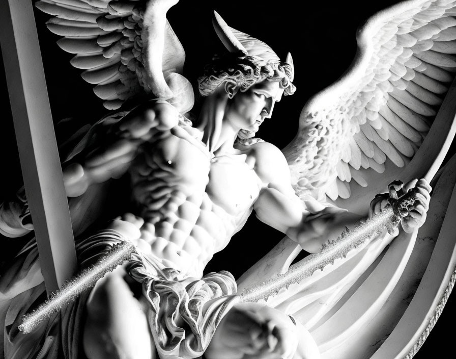 Monochrome sculpted angel with sword and crouching figure captured in dramatic scene