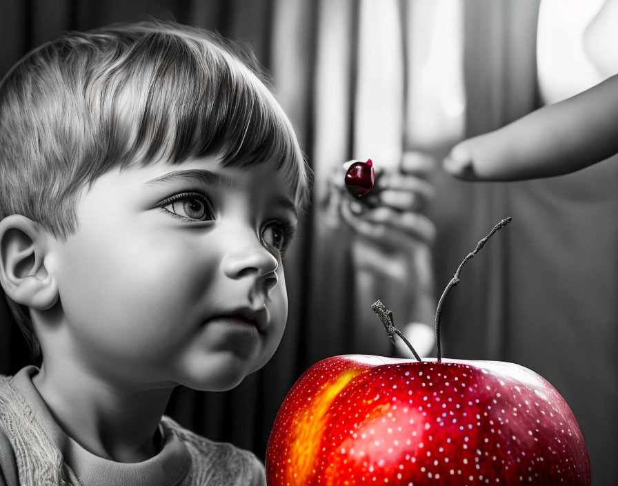 Monochrome photo of child with red apple and cherry on table