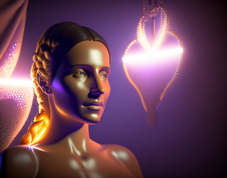 Digital artwork: Woman's profile with golden complexion on purple background with heart-shaped neon light