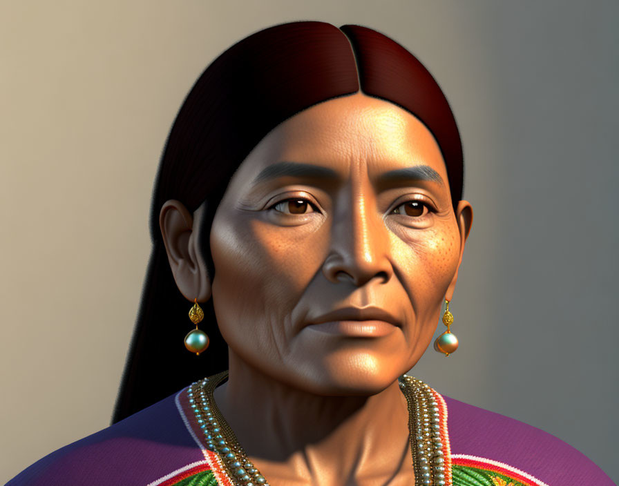 Indigenous woman in beaded attire with solemn expression