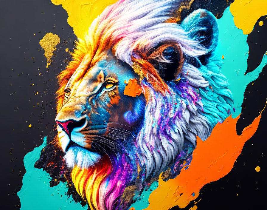 Colorful Lion Head Digital Artwork on Abstract Paint Background