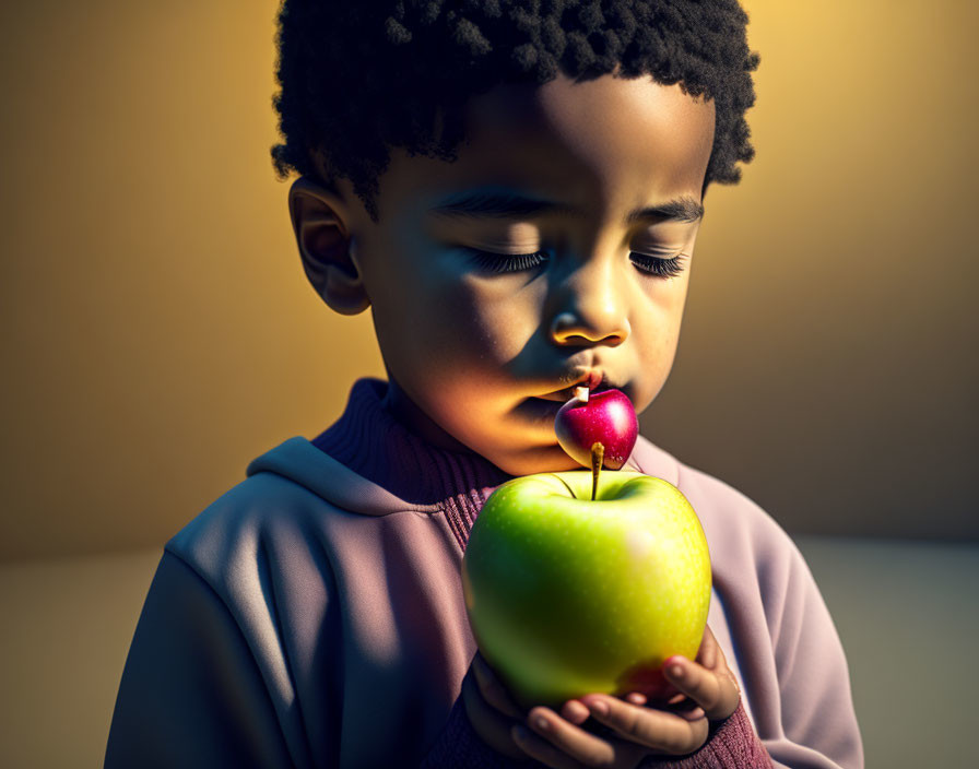 Boy Holding Green Apple with Cherry in Mouth Against Dark Background