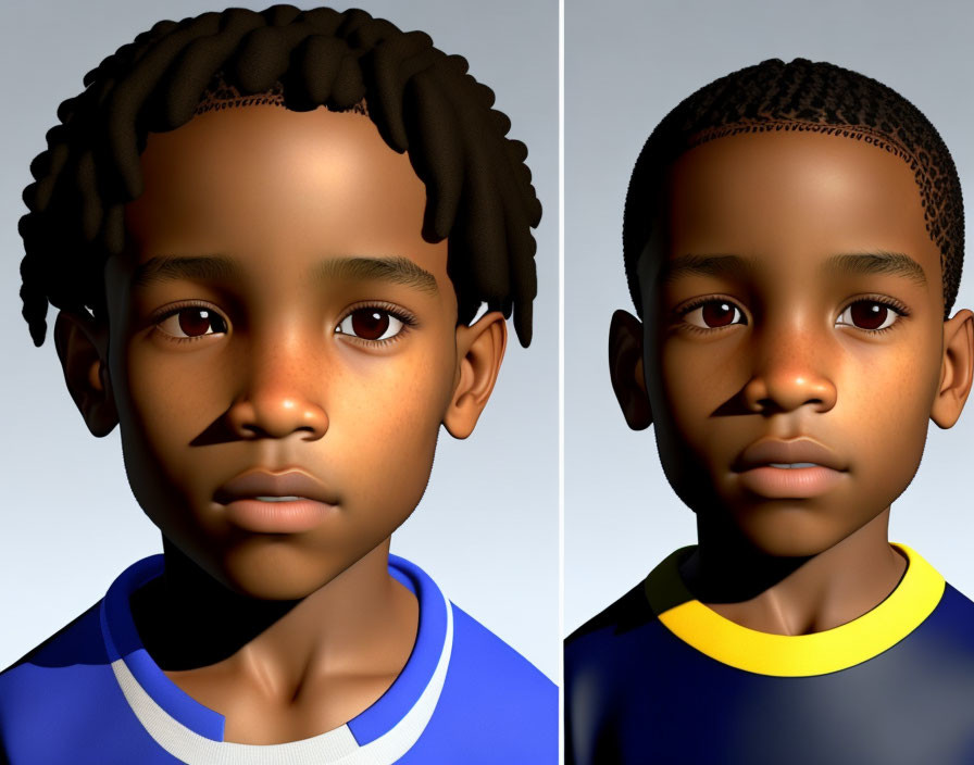 Young male character with braided hair in blue and yellow shirt: 3D render from multiple angles