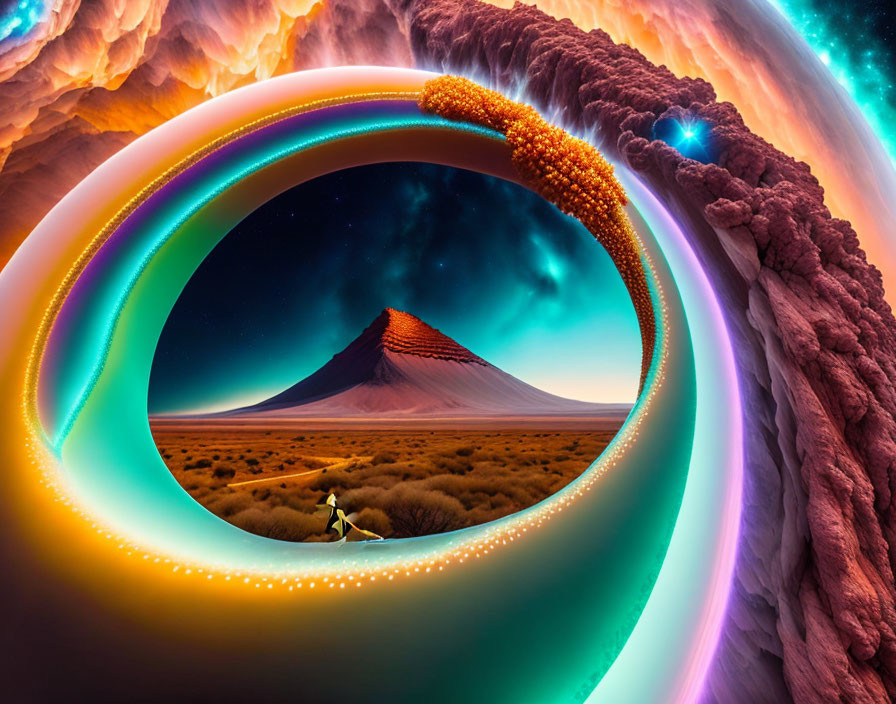 Surreal landscape with person, vortex, volcano, and orange sky