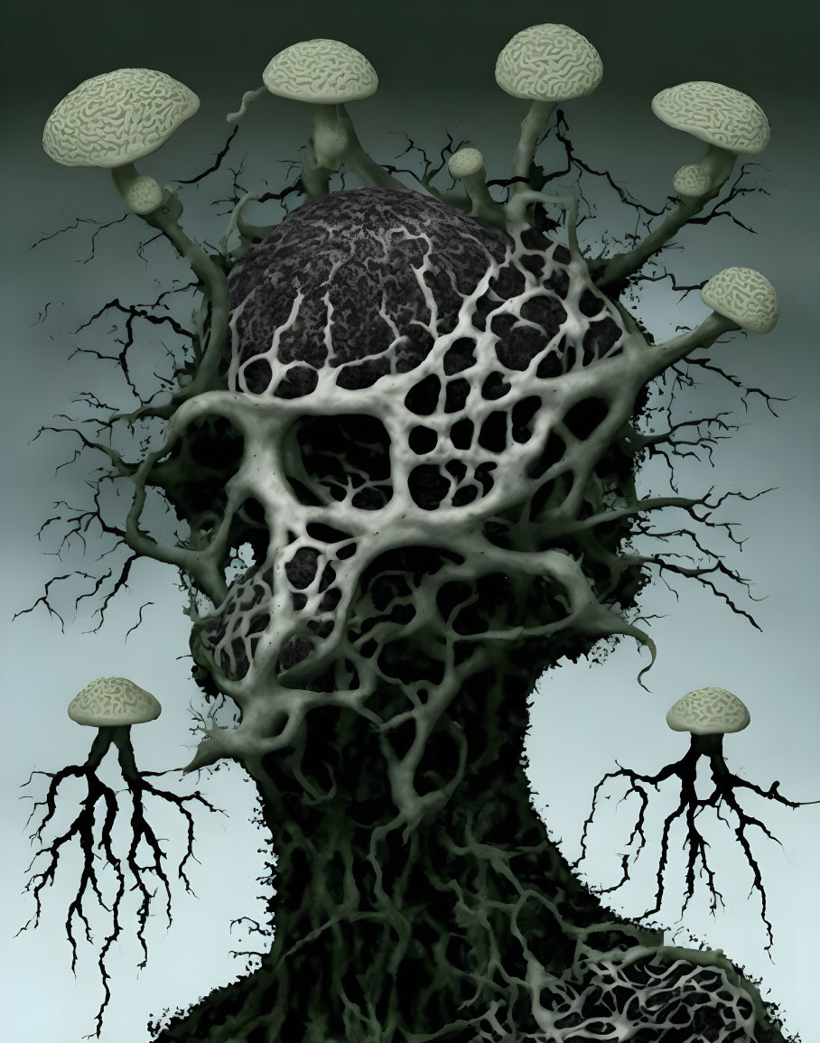 Surreal head-shaped artwork with tree-like structures and fungi on porous texture.