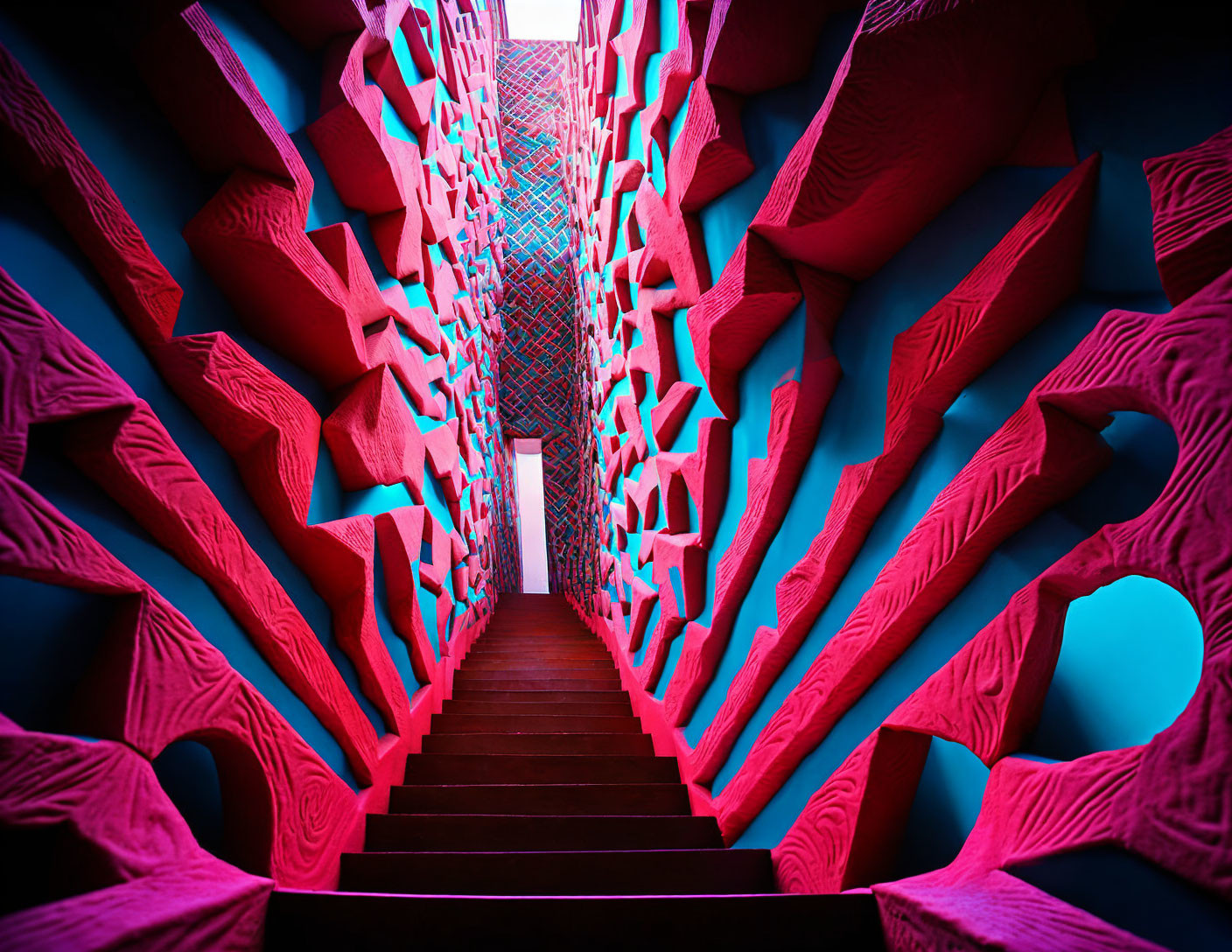 Surreal staircase with red patterned walls and blue ceiling