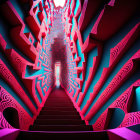 Surreal staircase with red patterned walls and blue ceiling