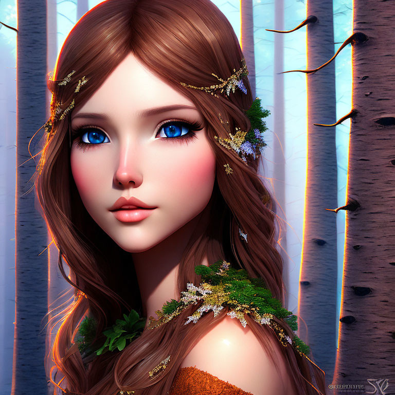 Digital artwork featuring female character with deep blue eyes and golden floral accessories in wavy brown hair.