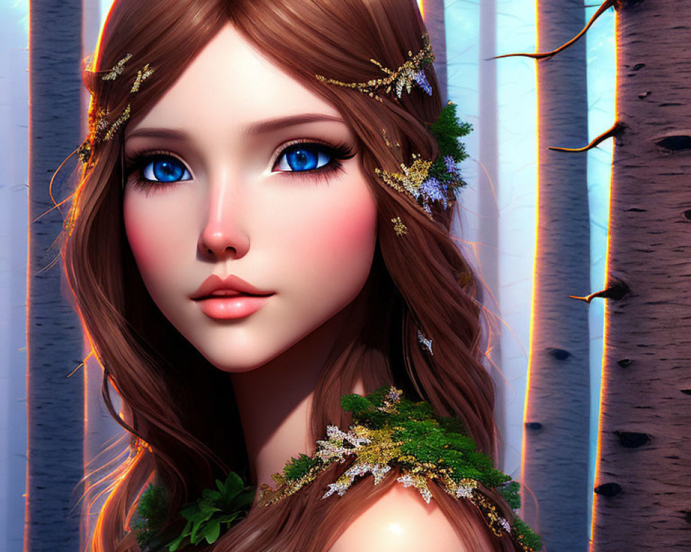 Digital artwork featuring female character with deep blue eyes and golden floral accessories in wavy brown hair.