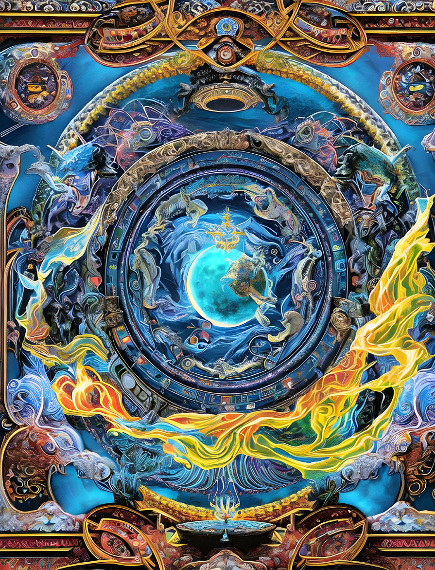 Colorful cosmic painting depicting Earth's evolution and celestial elements