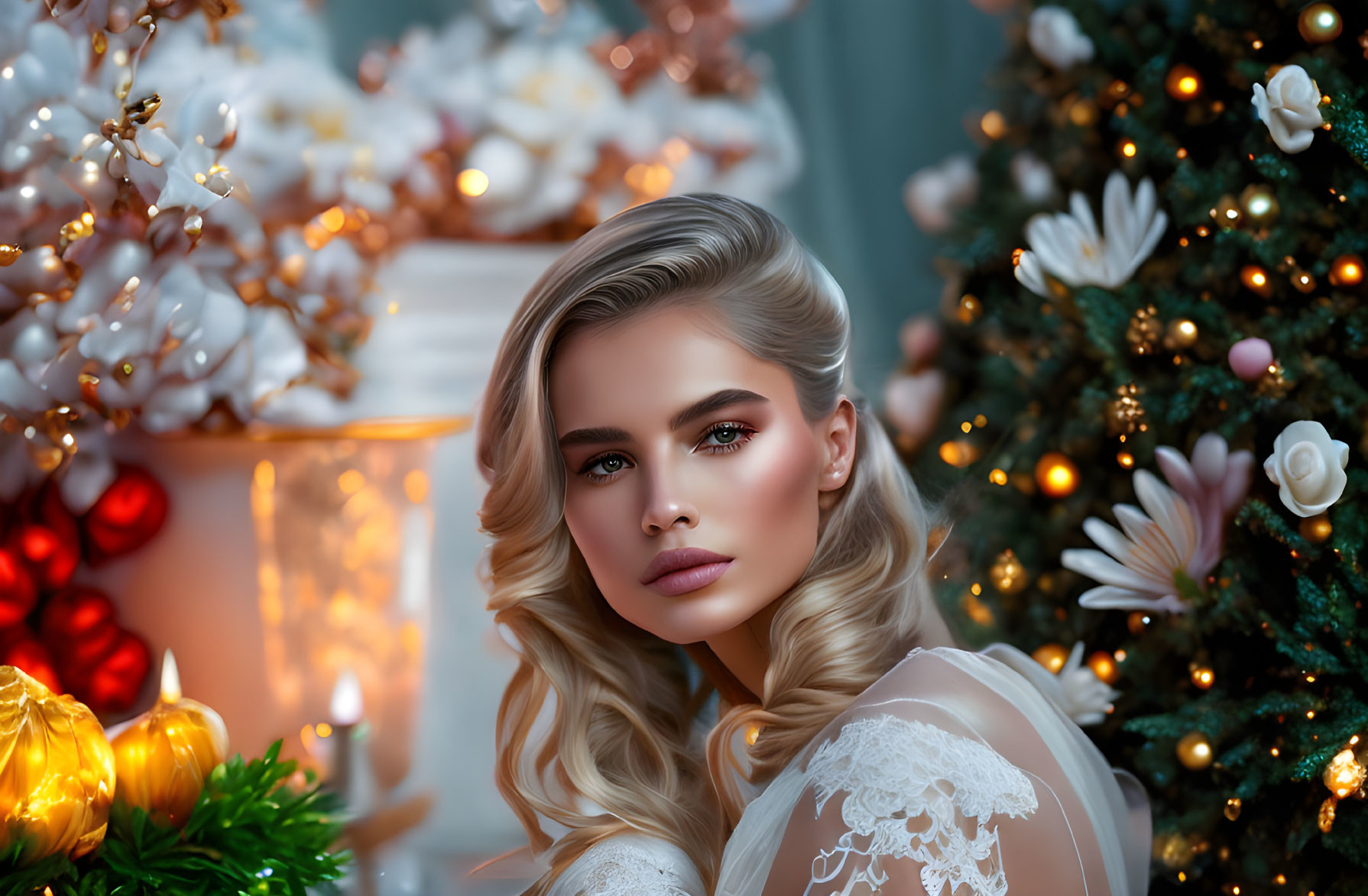 Blond woman sitting by Christmas tree with white and gold ornaments