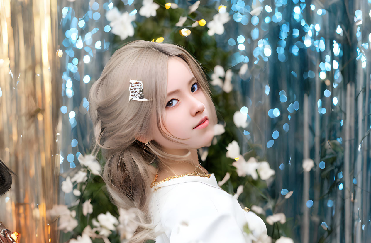 Silver-haired woman in white dress with golden accents amid blue lights and white flowers