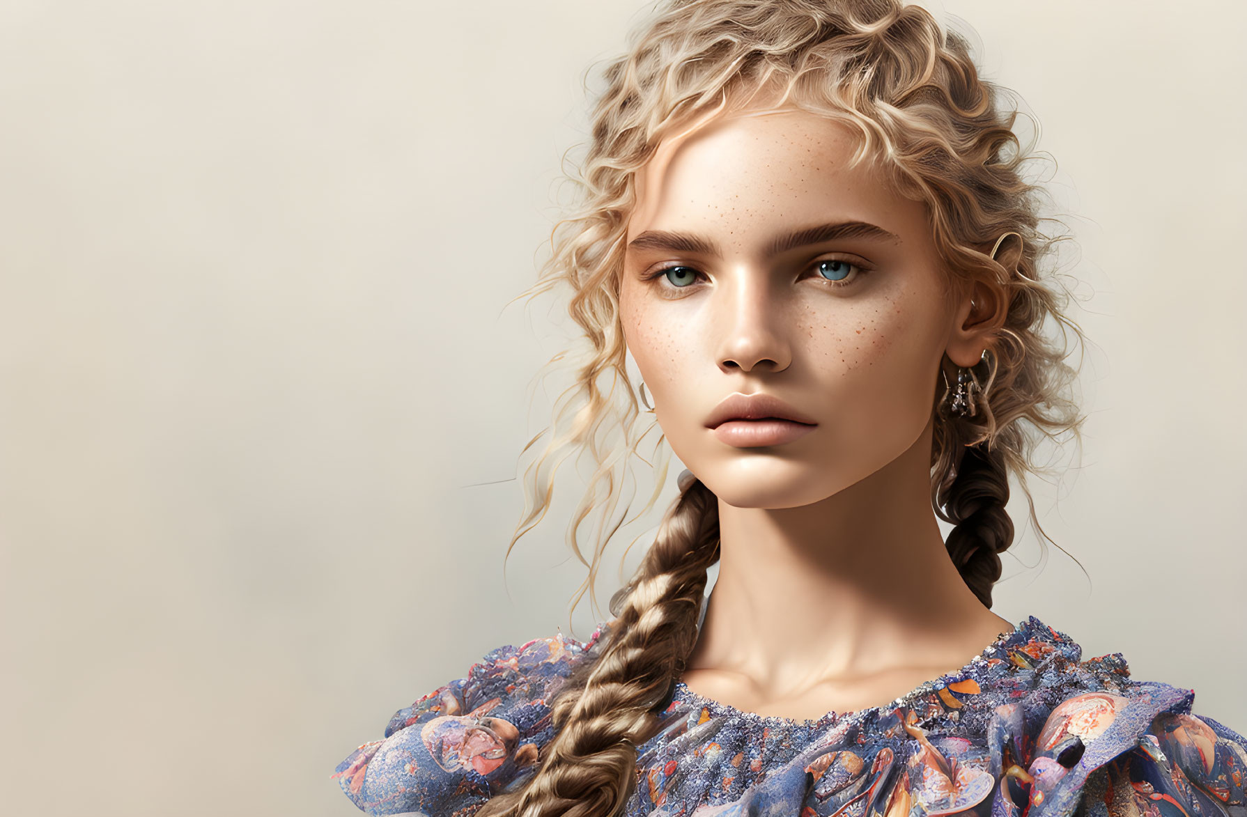 Portrait of Woman with Braided Hair and Freckles in Floral Top