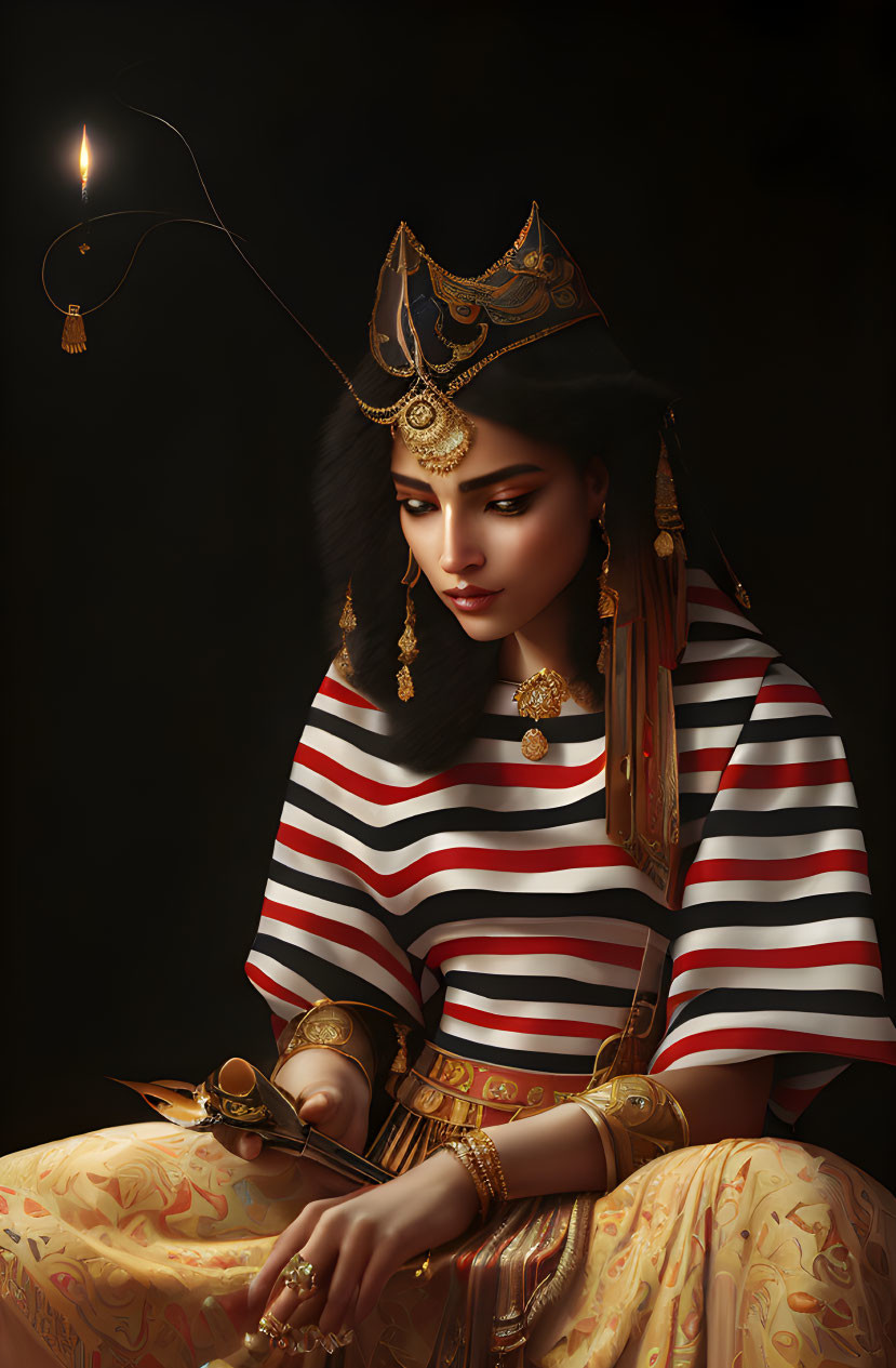 Traditional Attired Woman with Gold Jewelry and Incense Burner