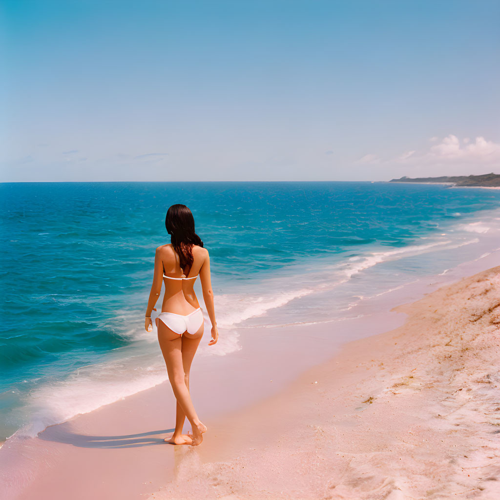 Person in white bikini on sandy beach gazing at calm blue ocean