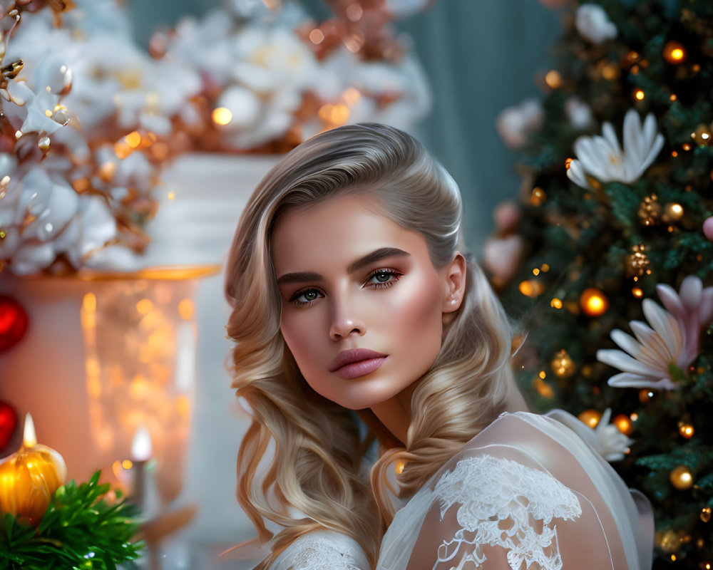 Blond woman sitting by Christmas tree with white and gold ornaments