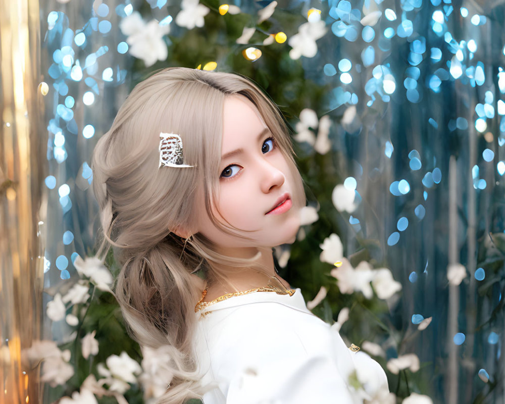 Silver-haired woman in white dress with golden accents amid blue lights and white flowers