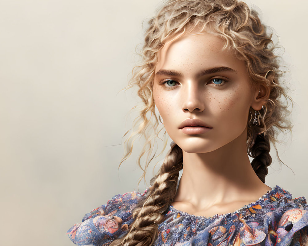 Portrait of Woman with Braided Hair and Freckles in Floral Top