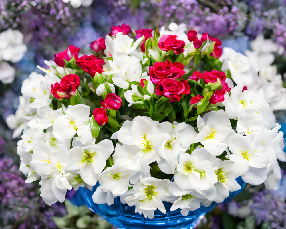 Red and White Flower Bouquet in Blue Vase on Purple Background