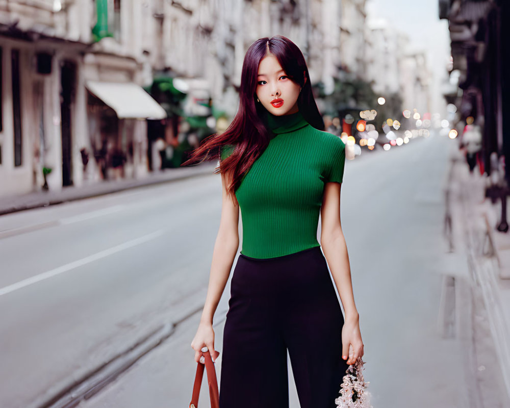 Young woman with long hair in green top and black pants on city street at dusk