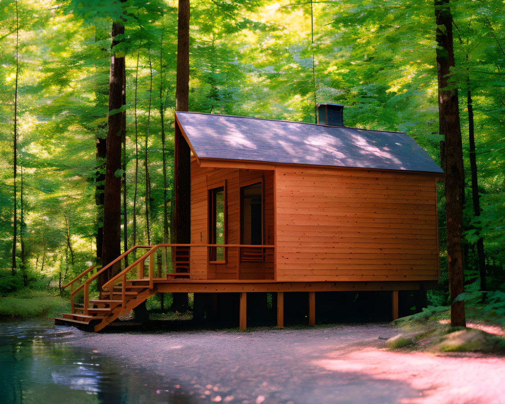 Rustic wooden cabin by tranquil pond and lush green trees