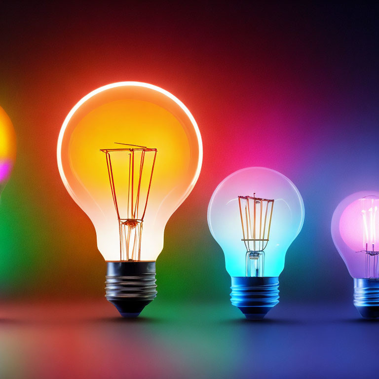 Four colorful glowing light bulbs on dark background