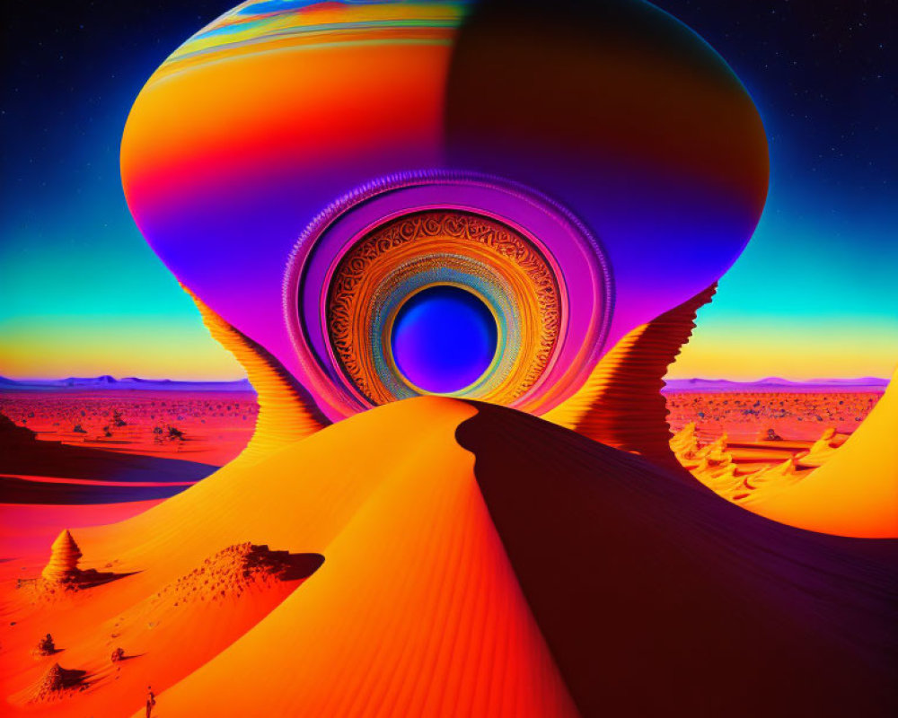 Surreal landscape with swirling structure and orange sand dunes