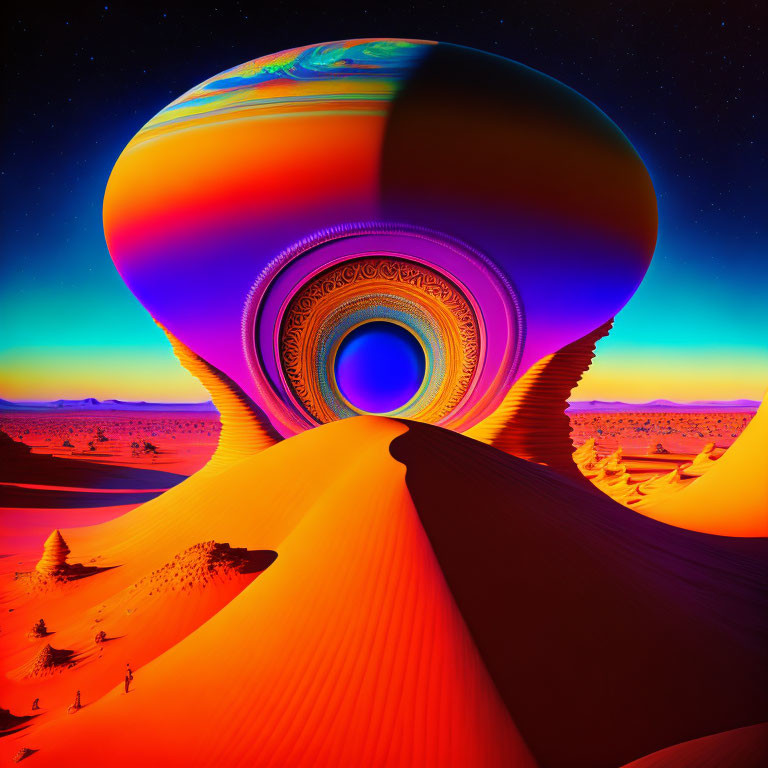 Surreal landscape with swirling structure and orange sand dunes