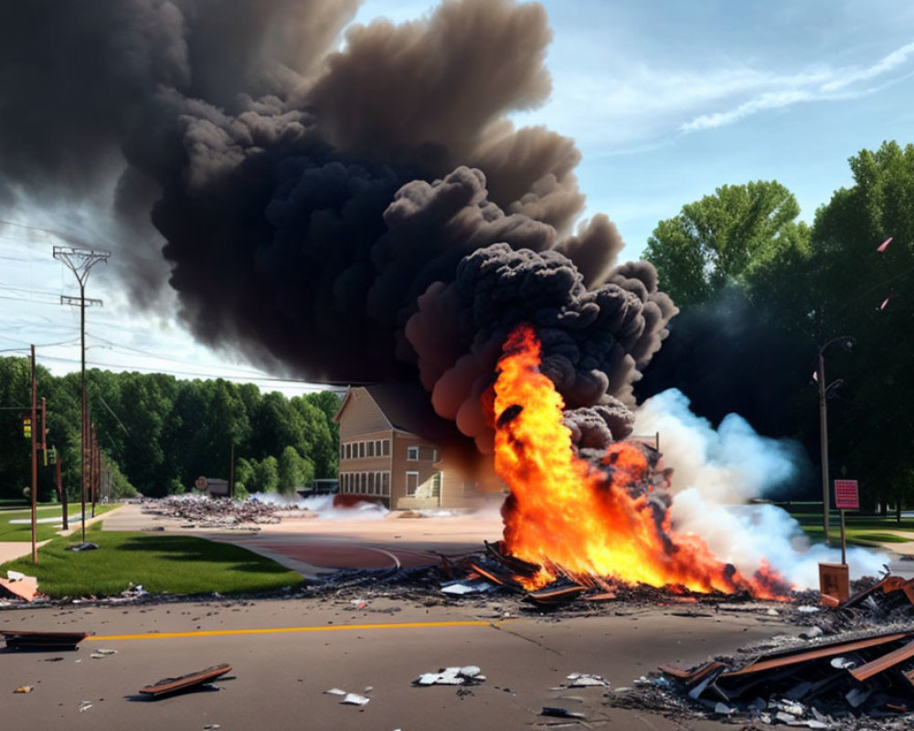 Intense street fire near residential building under clear sky