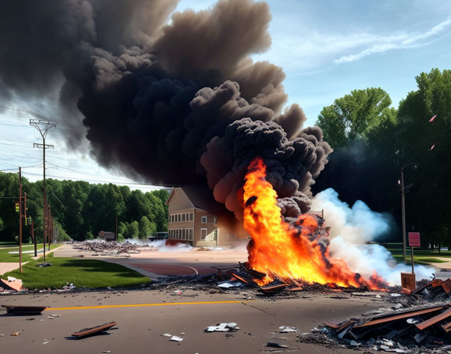 Intense street fire near residential building under clear sky