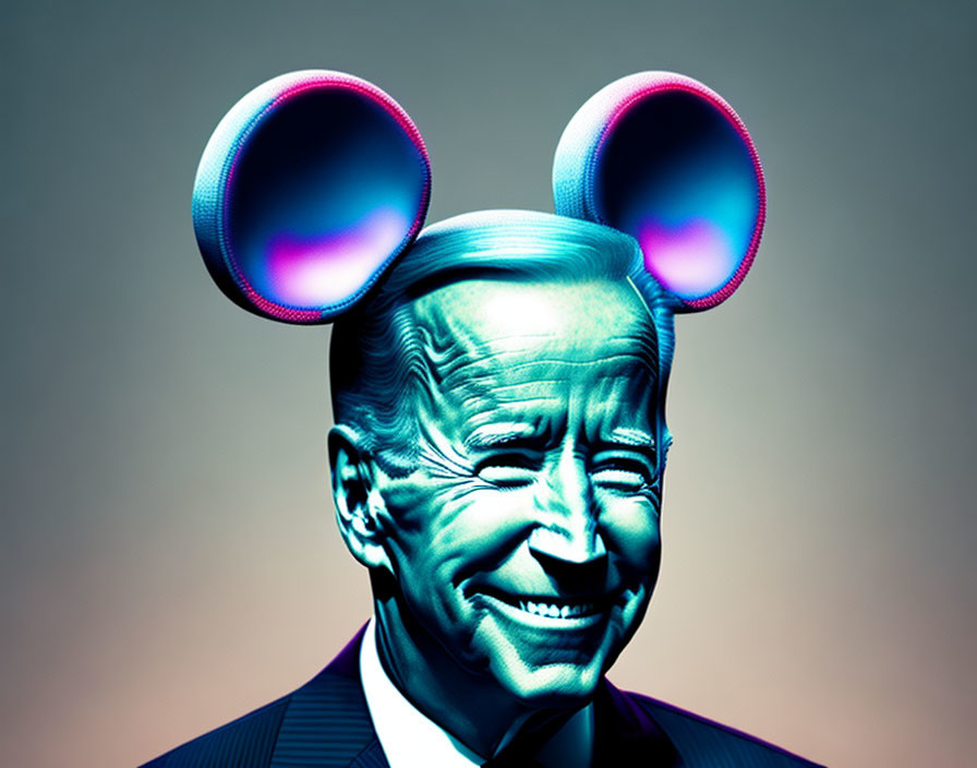 Smiling person with digital mouse ears on gradient background