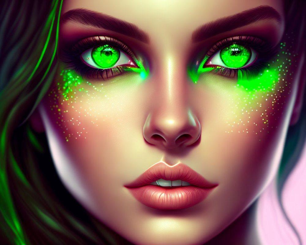 Vibrant green-eyed woman with green eyeshadow on pink background