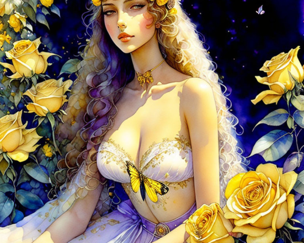 Illustrated female figure with wavy hair, yellow dress, flowers, roses, and butterflies