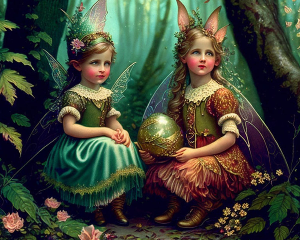 Illustrated fairy children with wings holding a golden orb in medieval dresses.